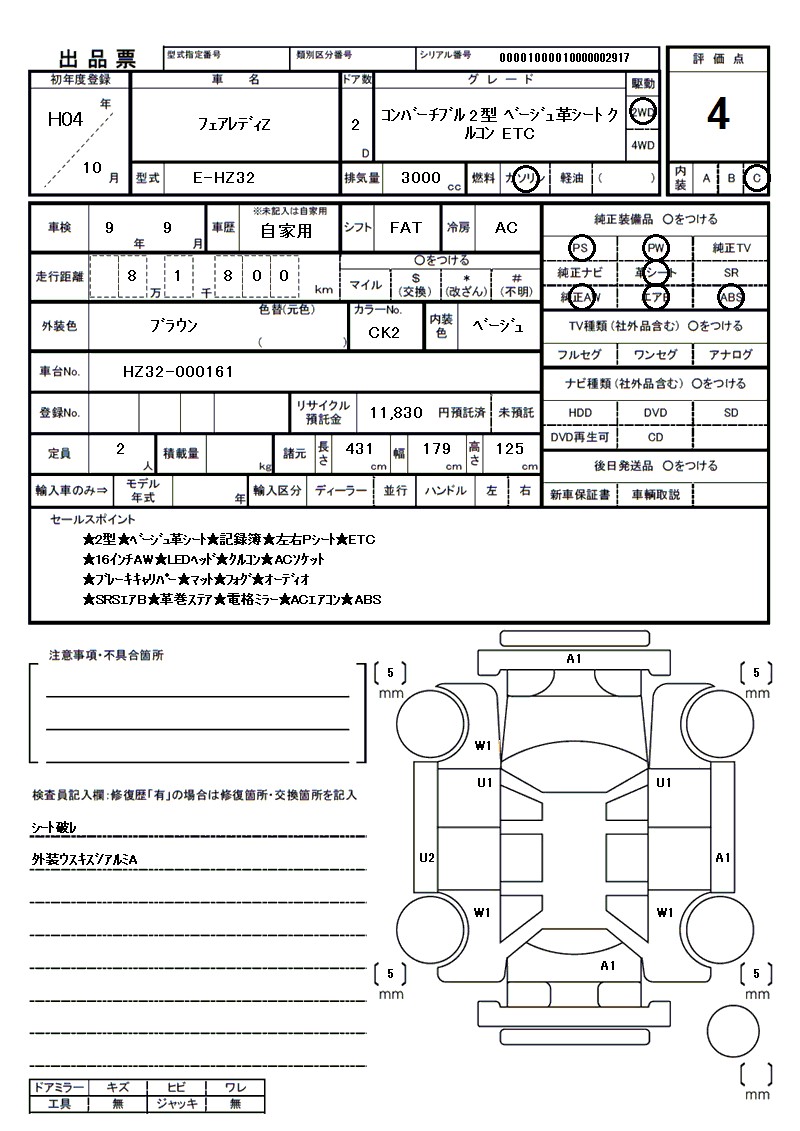 ニッサン フェアレディZの車両展開図(出品票)