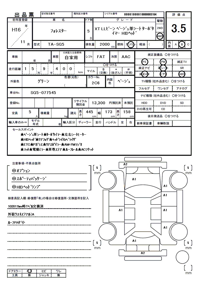 スバル フォレスターの車両展開図(出品票)