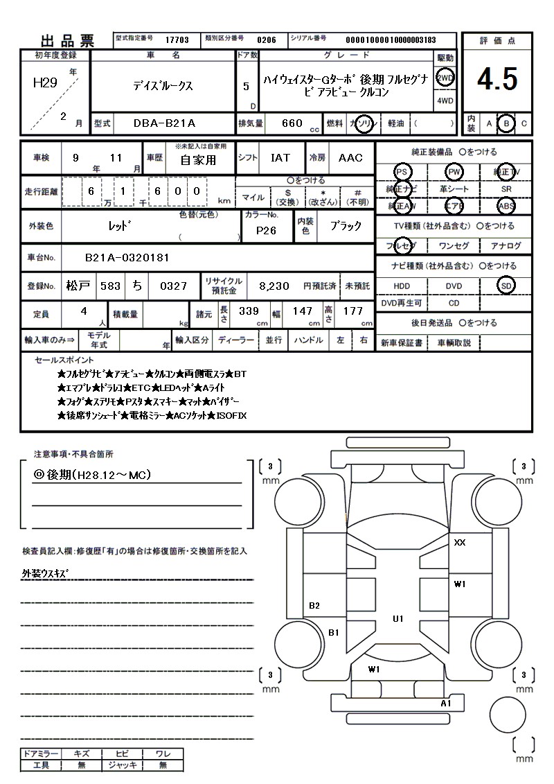 ニッサン デイズルークスの車両展開図(出品票)