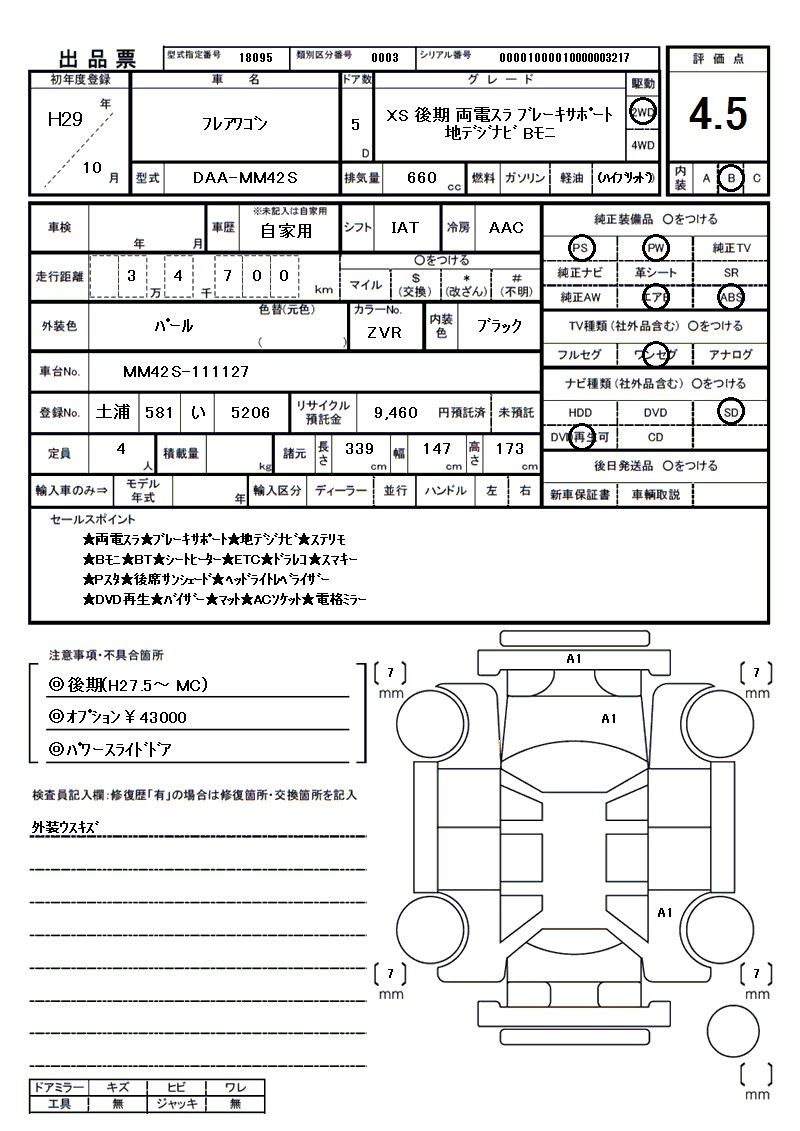 マツダ フレアワゴンの車両展開図(出品票)
