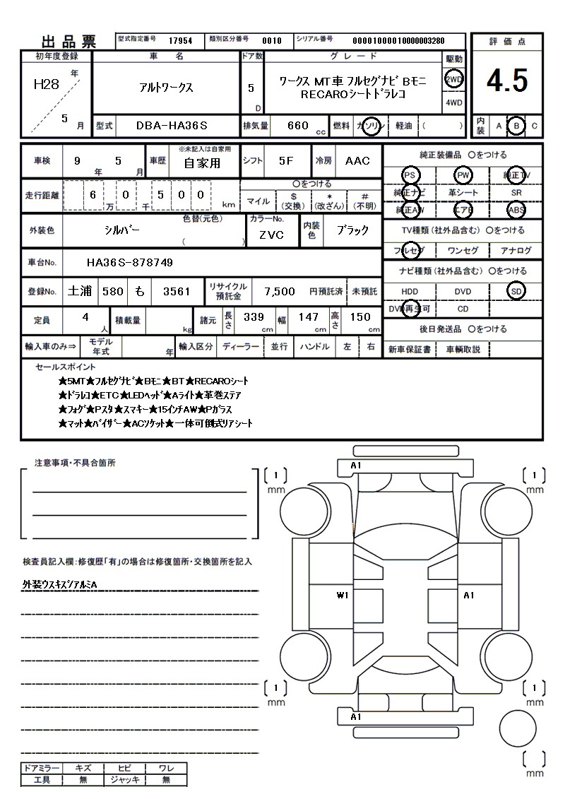 スズキ アルトワークスの車両展開図(出品票)