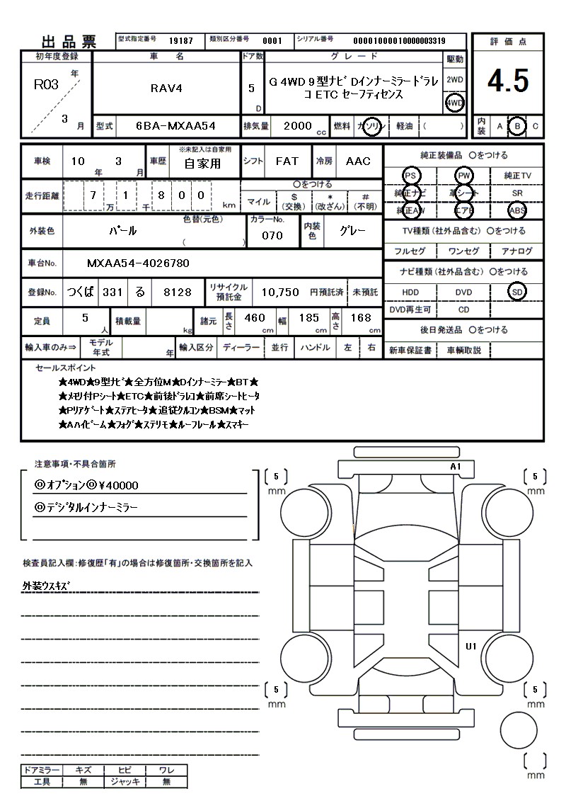 トヨタ RAV4の車両展開図(出品票)