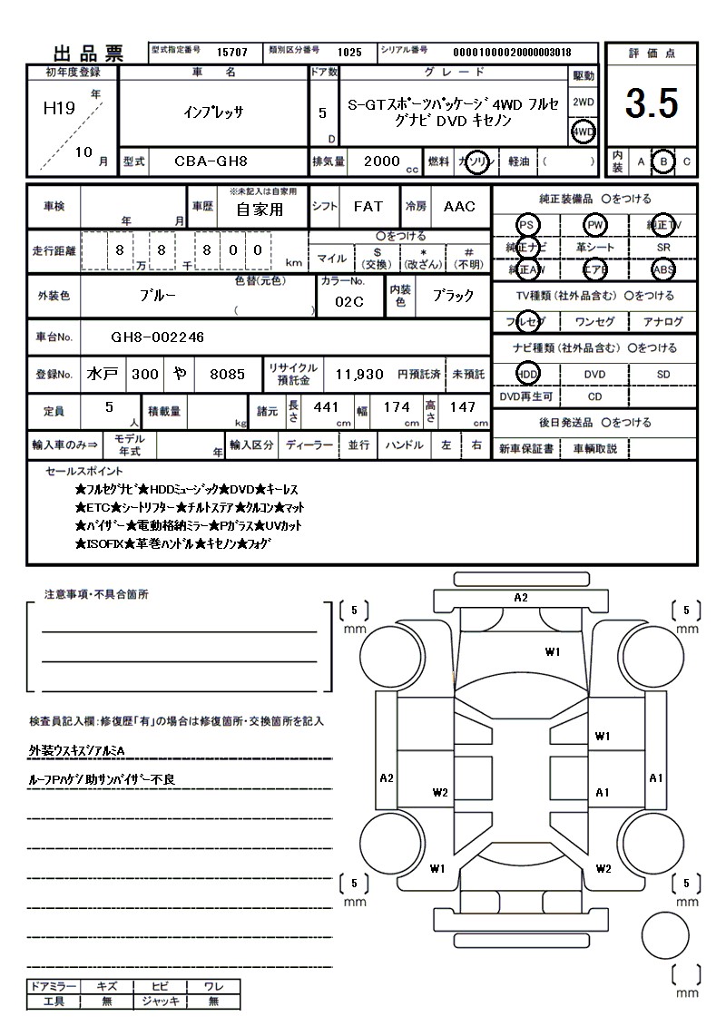 スバル インプレッサの車両展開図（出品票）