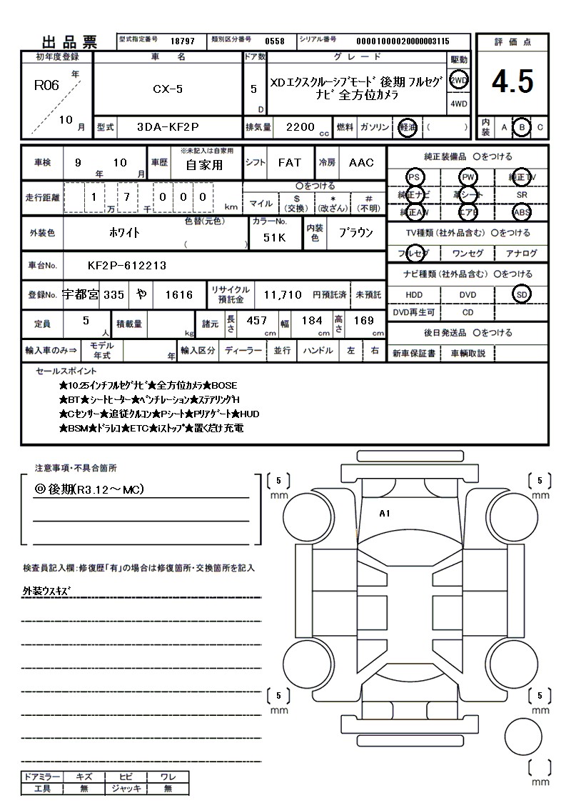 マツダ CX-5の車両展開図（出品票）