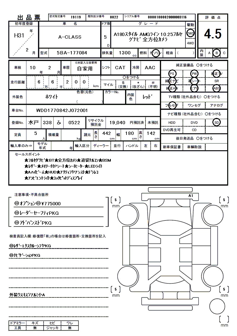 メルセデス・ベンツ A-CLASSの車両展開図（出品票）