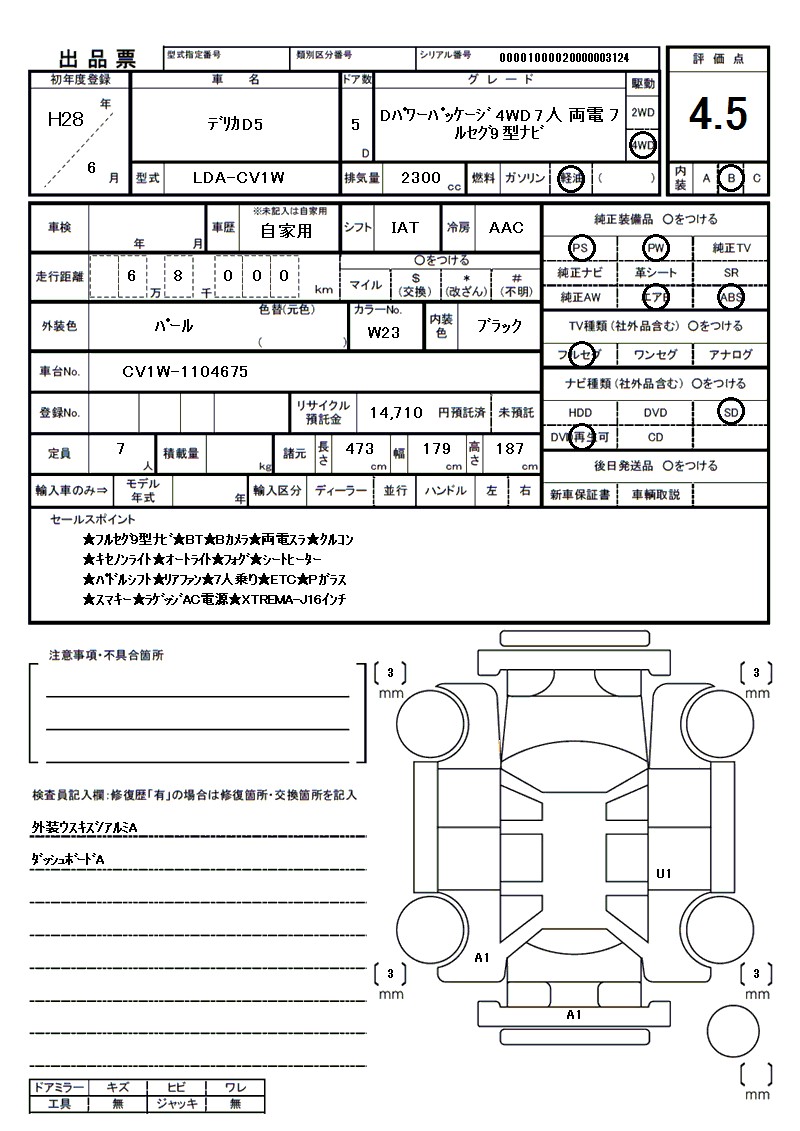 ミツビシ デリカD5の車両展開図(出品票)
