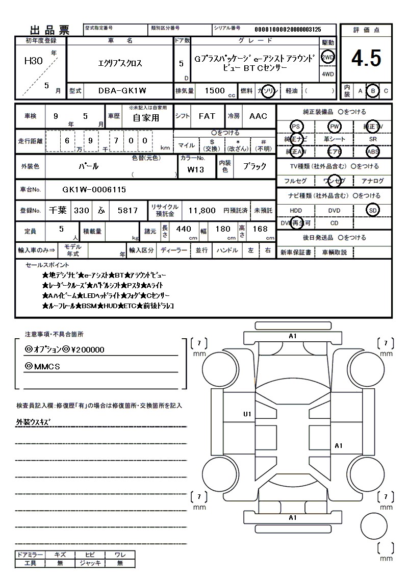 ミツビシ エクリプスクロスの車両展開図（出品票）