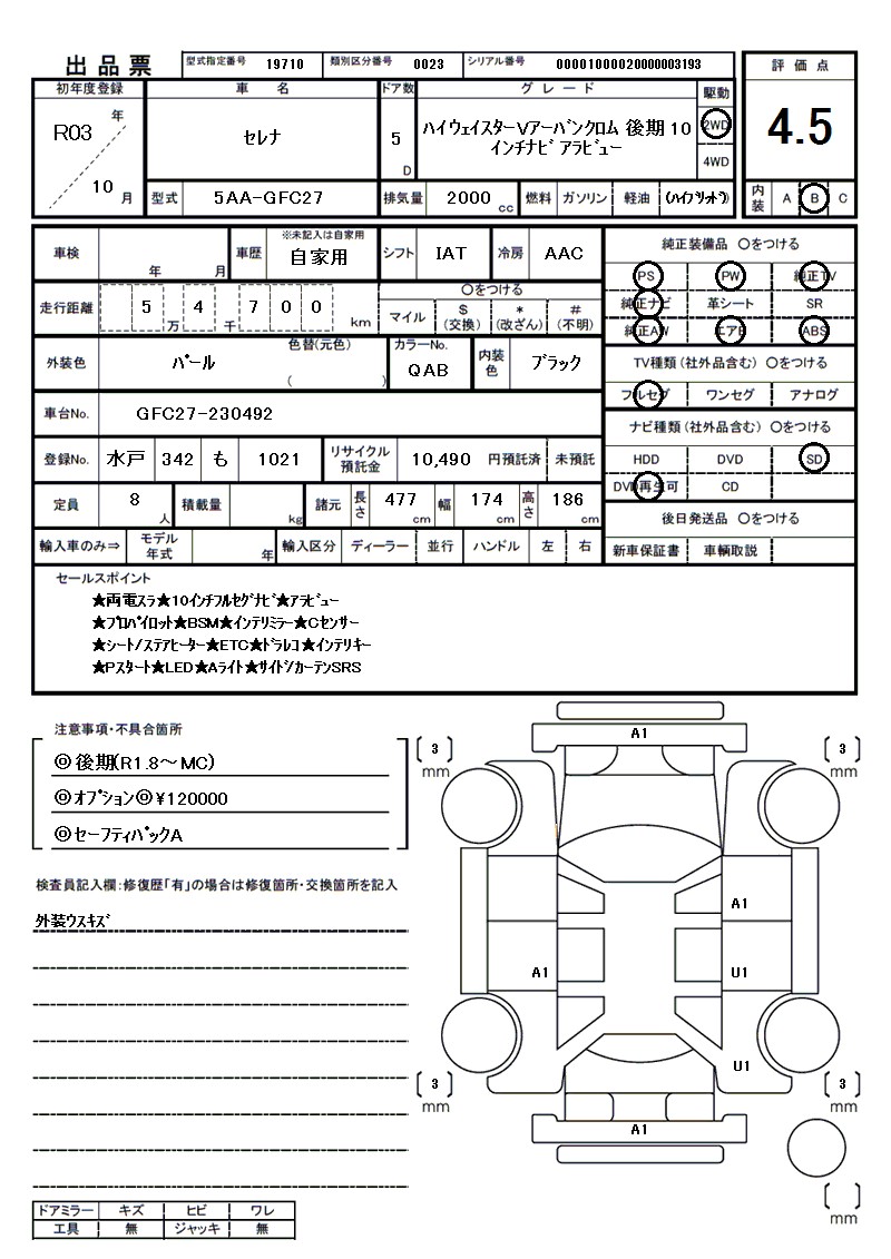 ニッサン セレナの車両展開図（出品票）