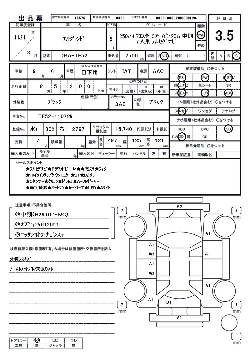 ニッサン エルグランドの車両展開図（出品票）