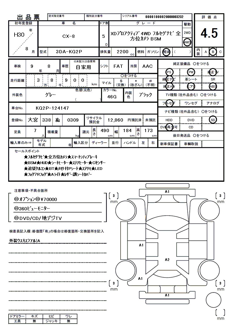 マツダ CX-8の車両展開図（出品票）