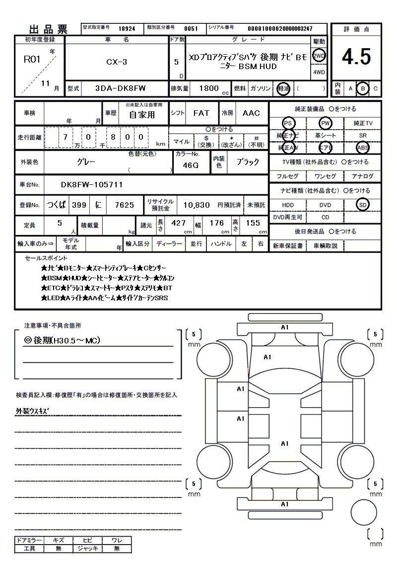 マツダ CX-3の車両展開図（出品票）