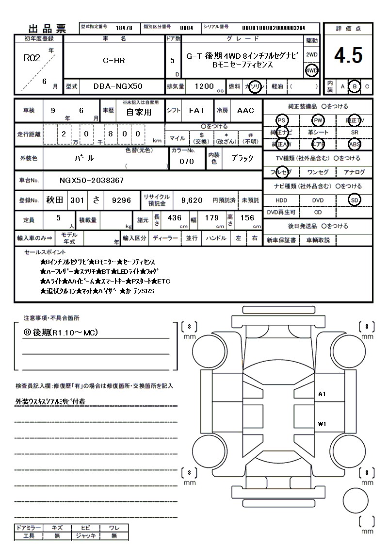 トヨタ C-HRの車両展開図（出品票）