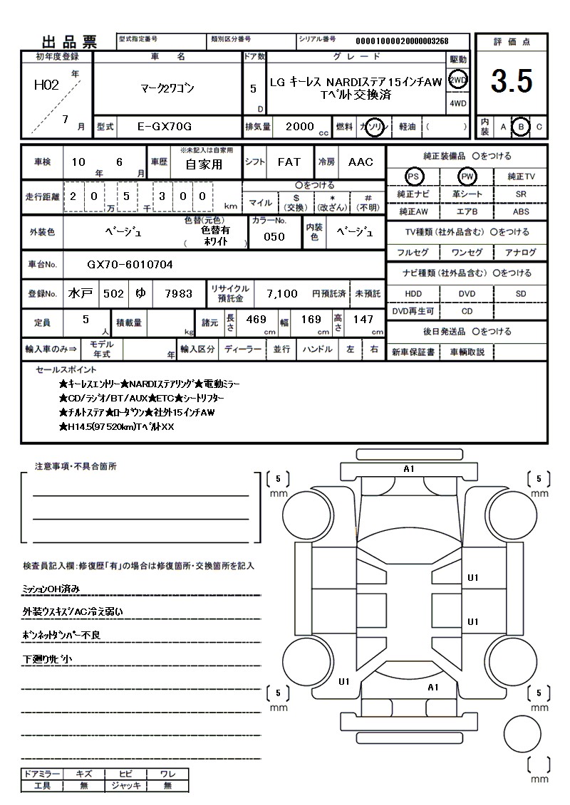 トヨタ マーク2ワゴンの車両展開図（出品票）